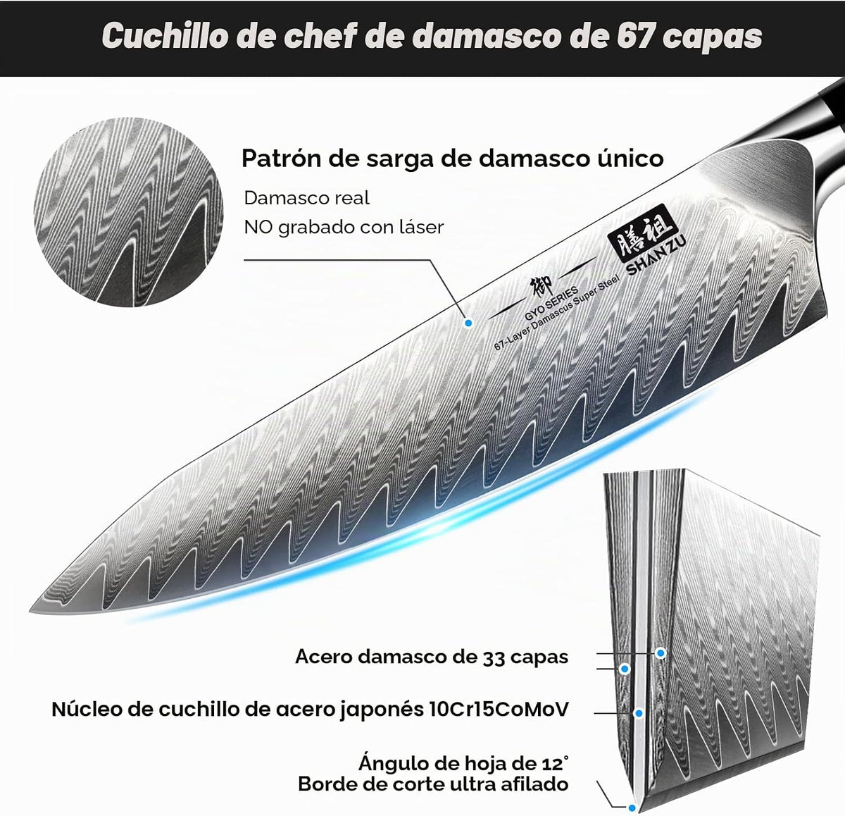 Juego de cuchillos de cocina de Damasco SHAN ZU, juego de 7 piezas...