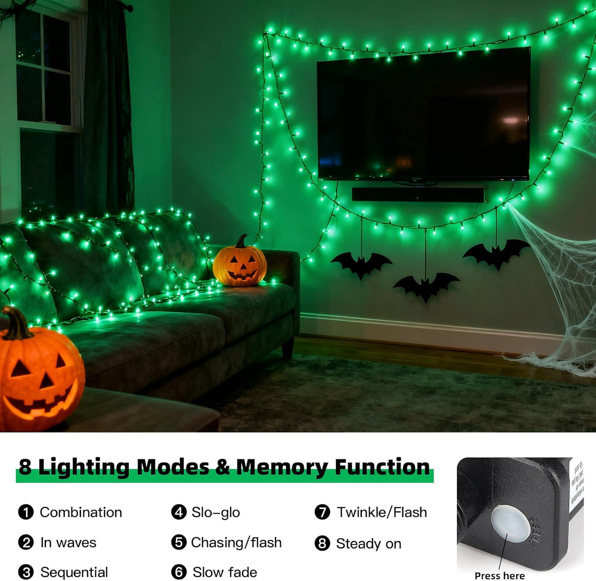 VTECHOLOGY 500 luces LED verdes para árbol de Navidad, luces de Nav...
