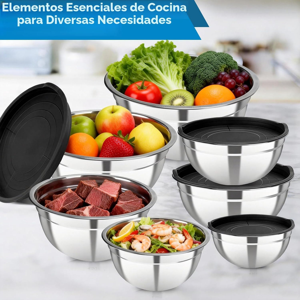 YJSLICT Juego de 7 cuencos de acero inoxidable con tapas, cuencos d...