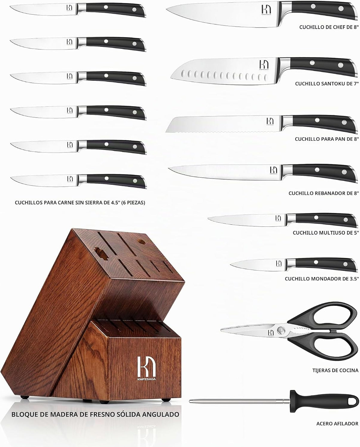 KnifeSaga - Juego de bloques de cuchillos de 15 piezas con afilador...