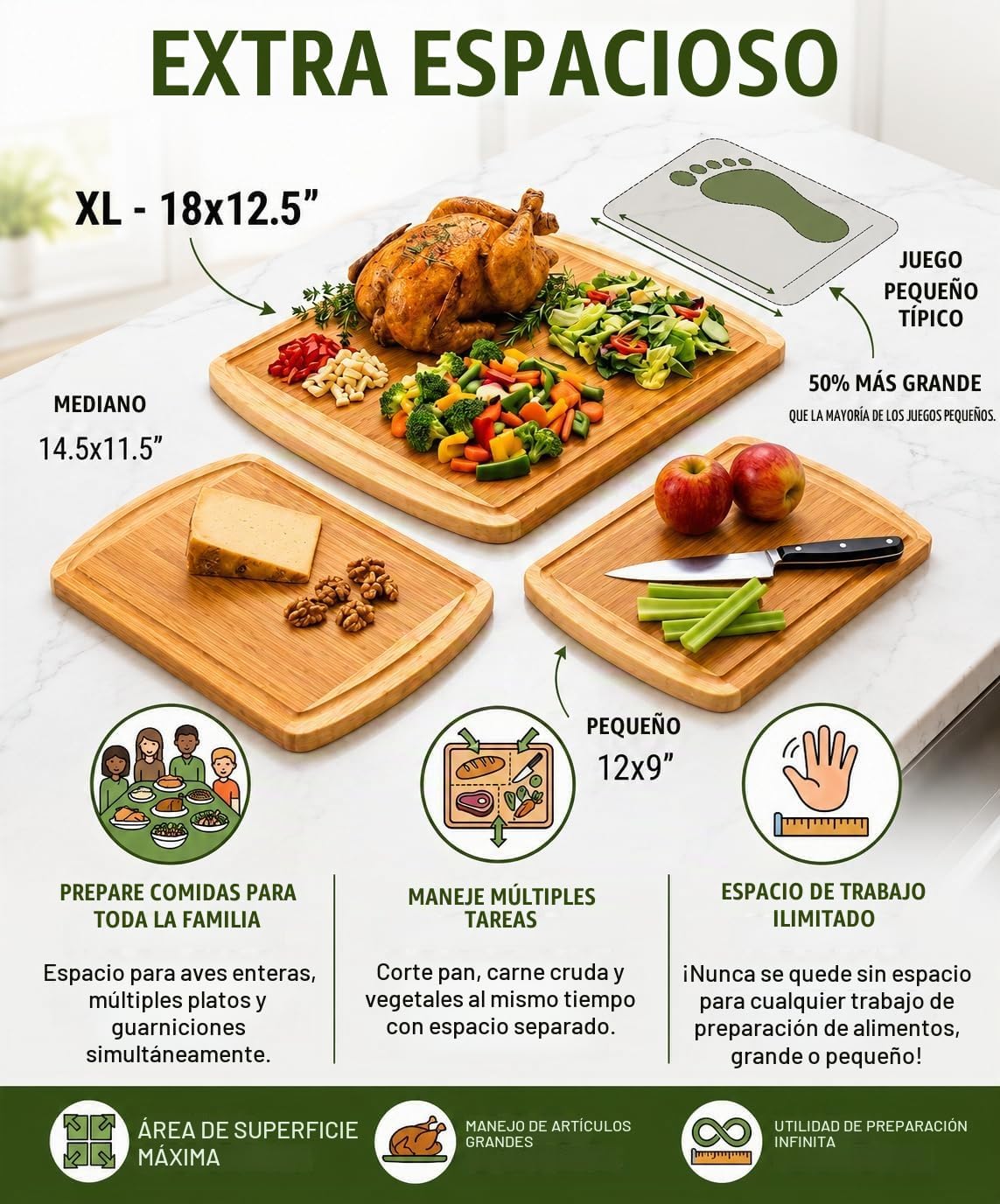 INDESTRUCTIBLE Juego de 3 tablas de cortar de bambú extra grandes c...