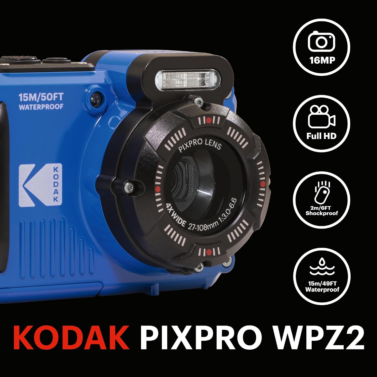 KODAK PIXPRO WPZ2 - Cámara digital impermeable de 16 MP, 49.2 ft, z...