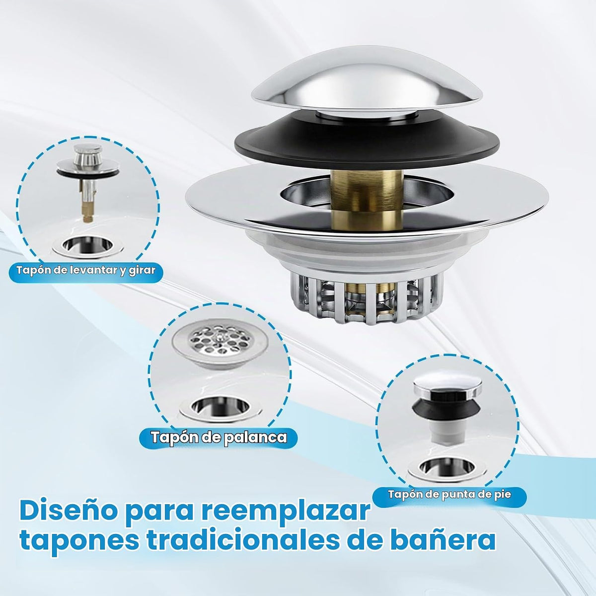 Tapón de drenaje de bañera 3 en 1 y recogedor de pelo, enchufe univ...