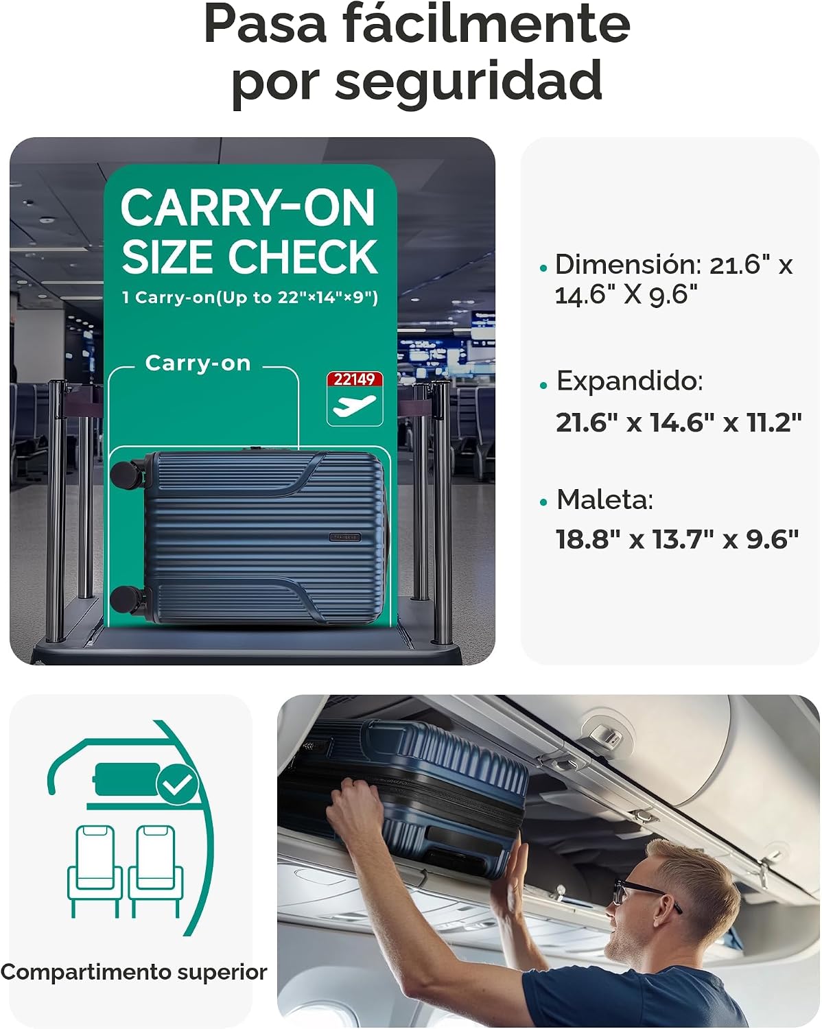 BAGSMART - Maleta de mano 22 x 14 x 9 aprobada por aerolínea, malet...
