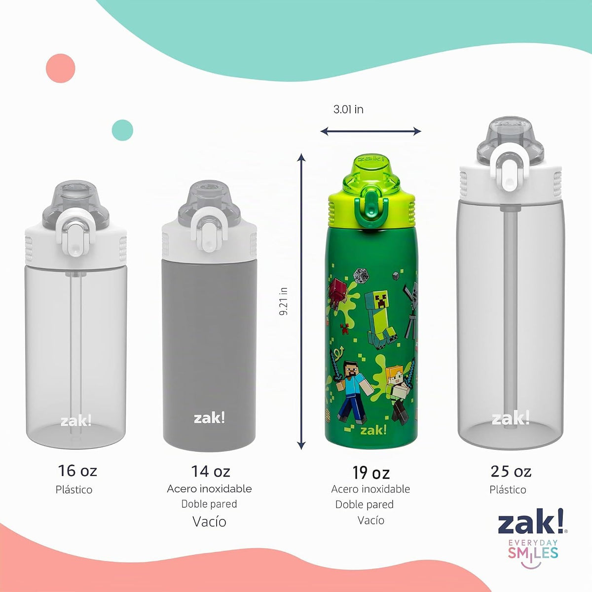 Zak Designs Minecraft Steve Sage Botella de agua para niños con paj...