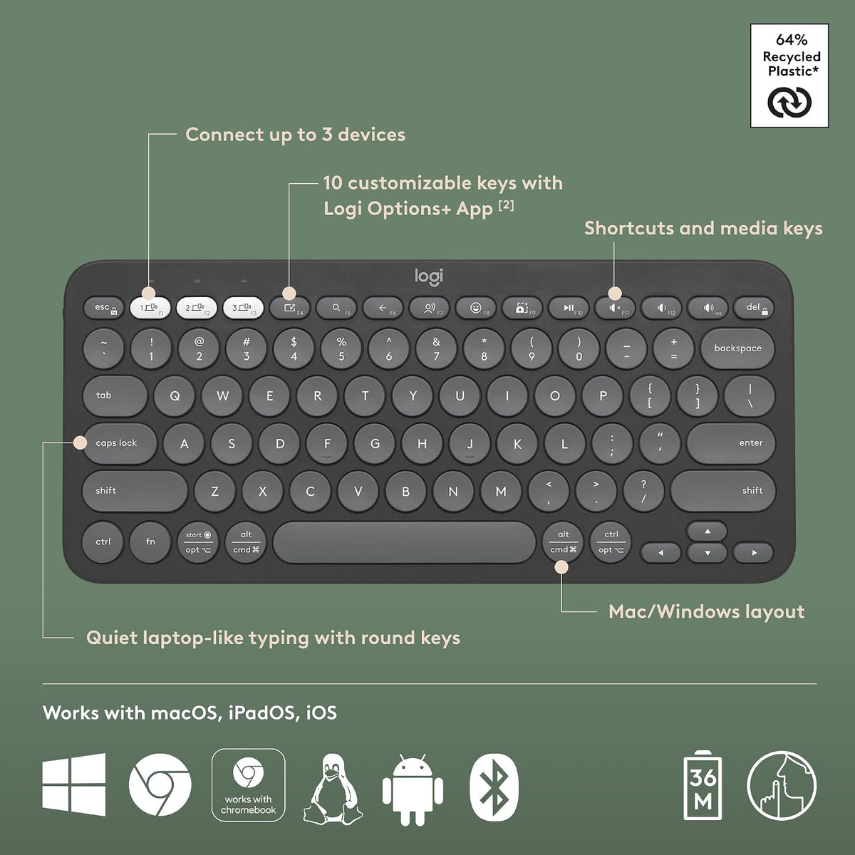 Logitech Pebble Keys 2 K380s, teclado inalámbrico Bluetooth multidi...