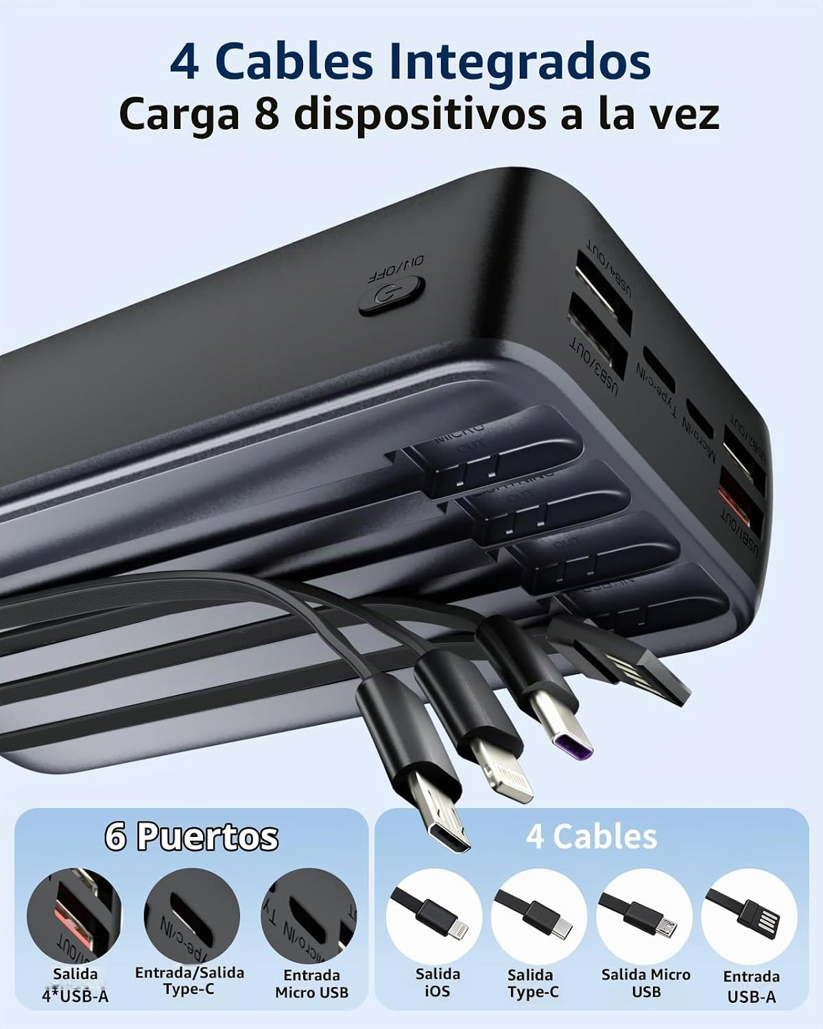 Cargador Portátil Power Bank 50000mAh - 7 Salidas y 3 Entradas USB-...