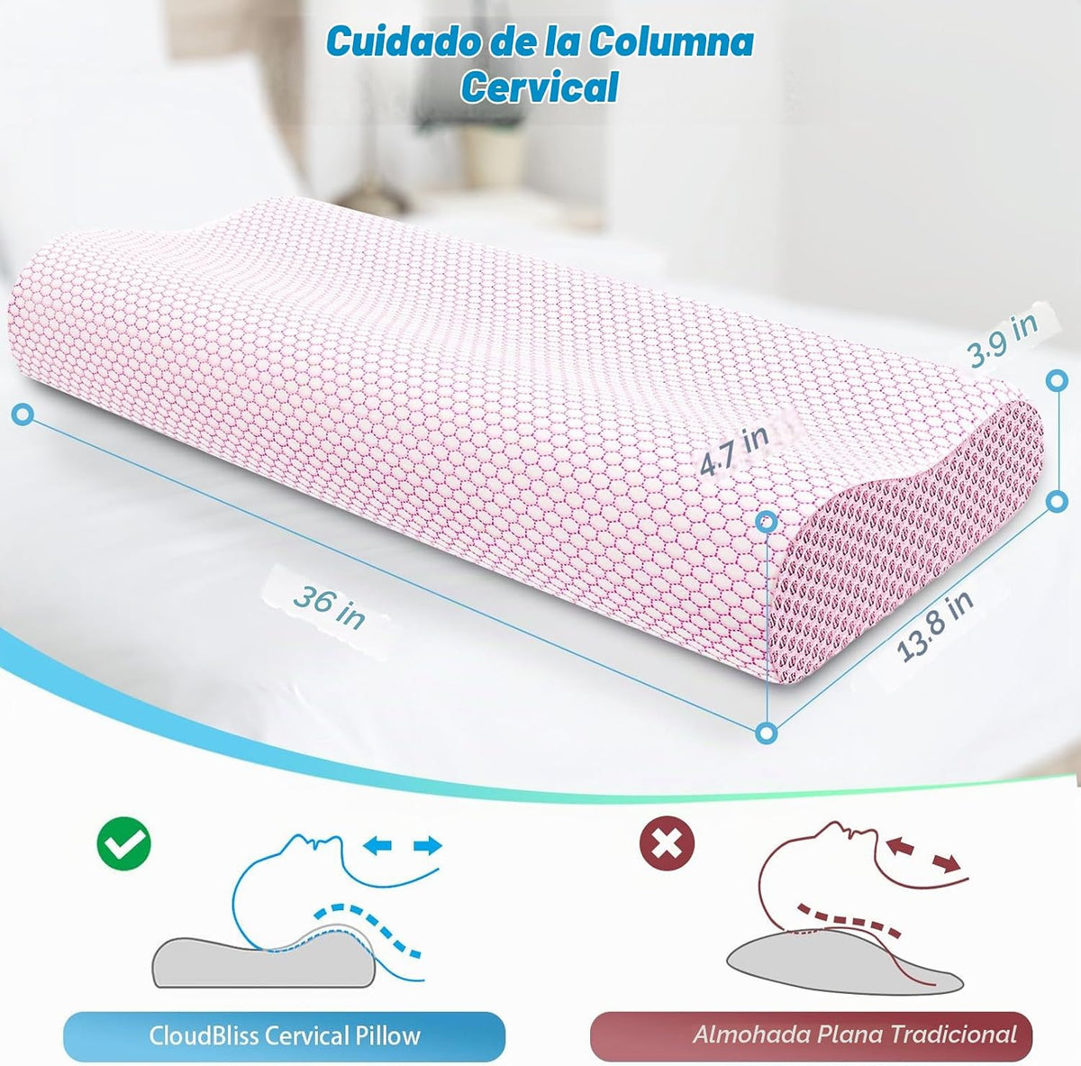 Almohada cervical ergonómica para dormir, almohada cervical rosa, t...