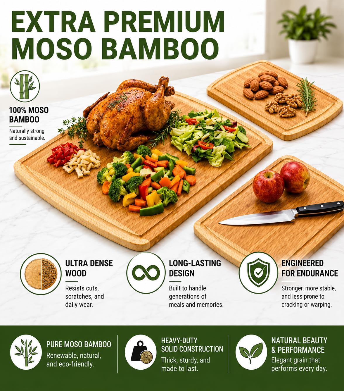 INDESTRUCTIBLE Juego de 3 tablas de cortar de bambú extra grandes c...
