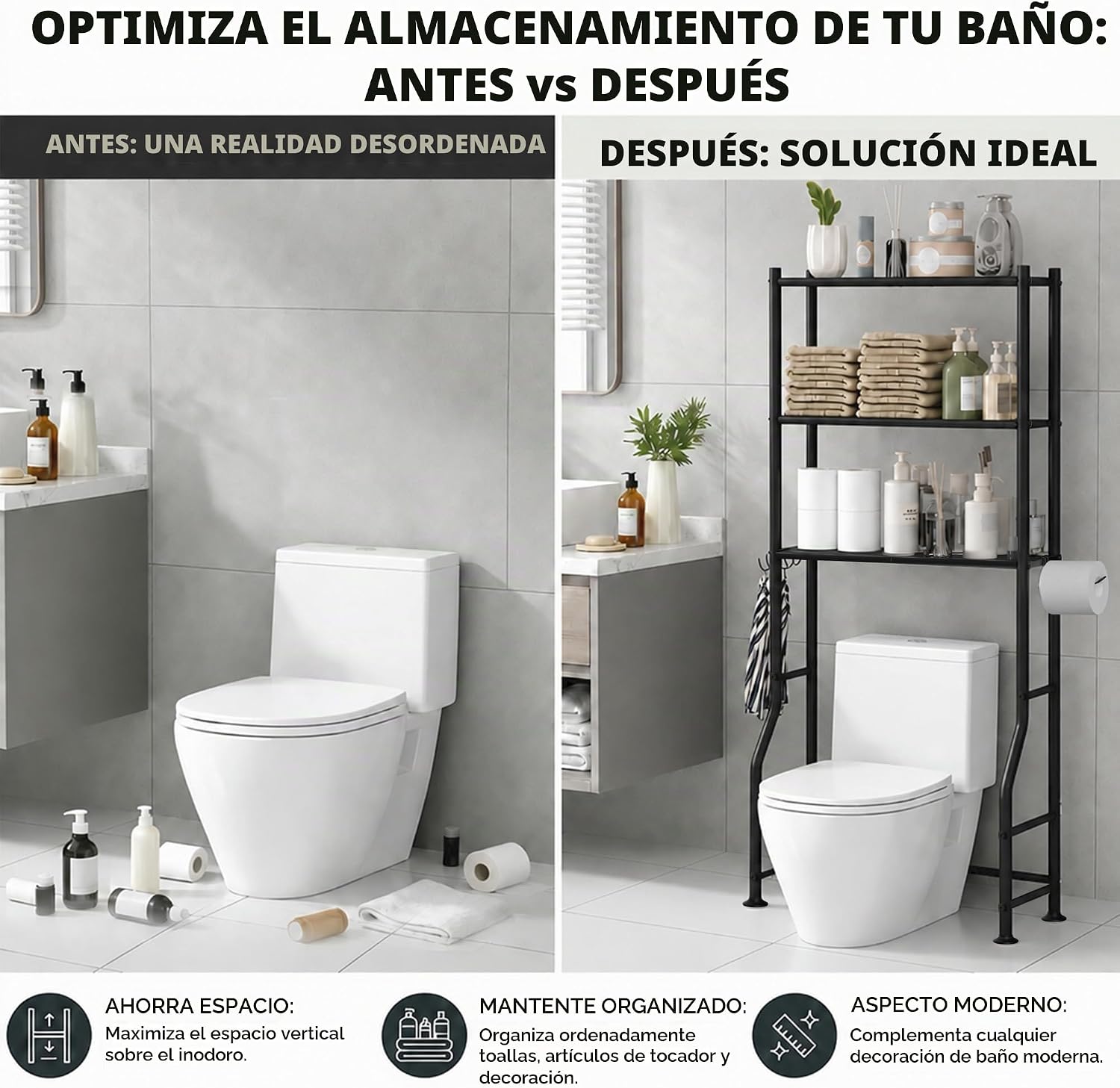GloTika Estante de almacenamiento de 3 niveles sobre el inodoro, es...