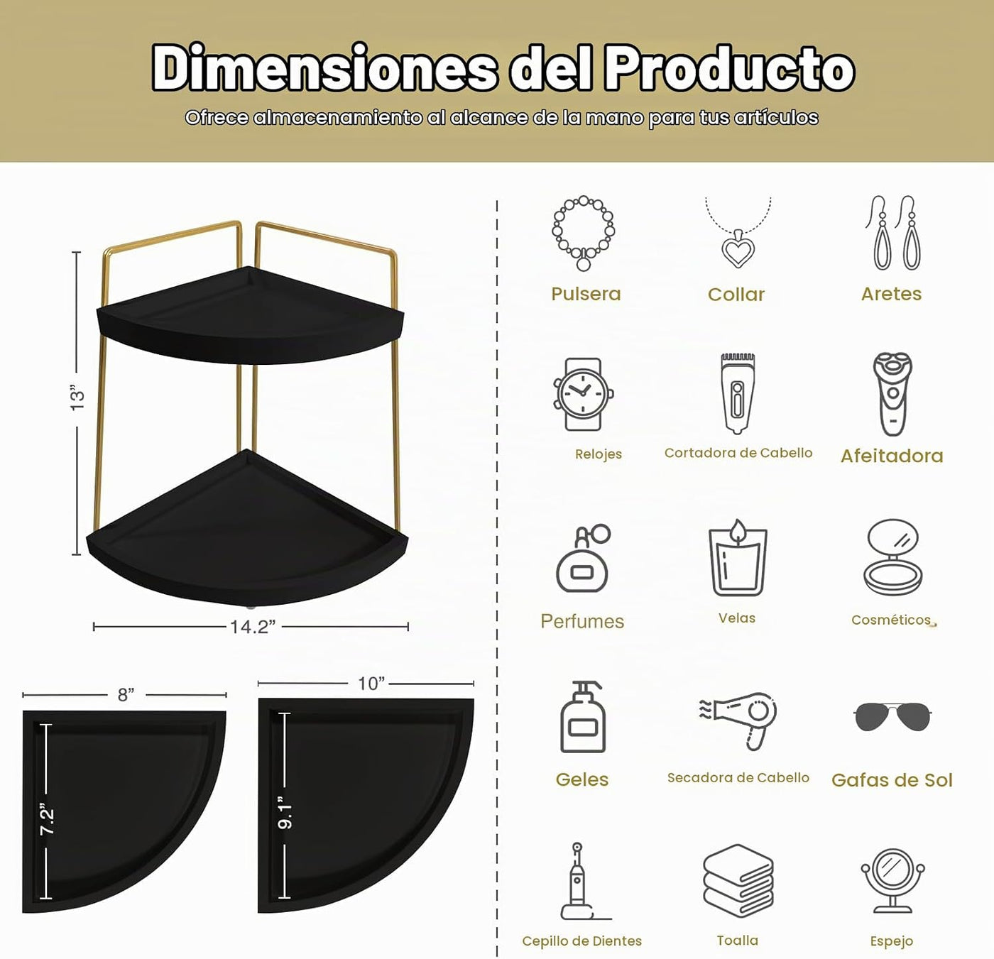 Forbena Organizador de Rincón para Encimera de Baño en Negro y Oro,...