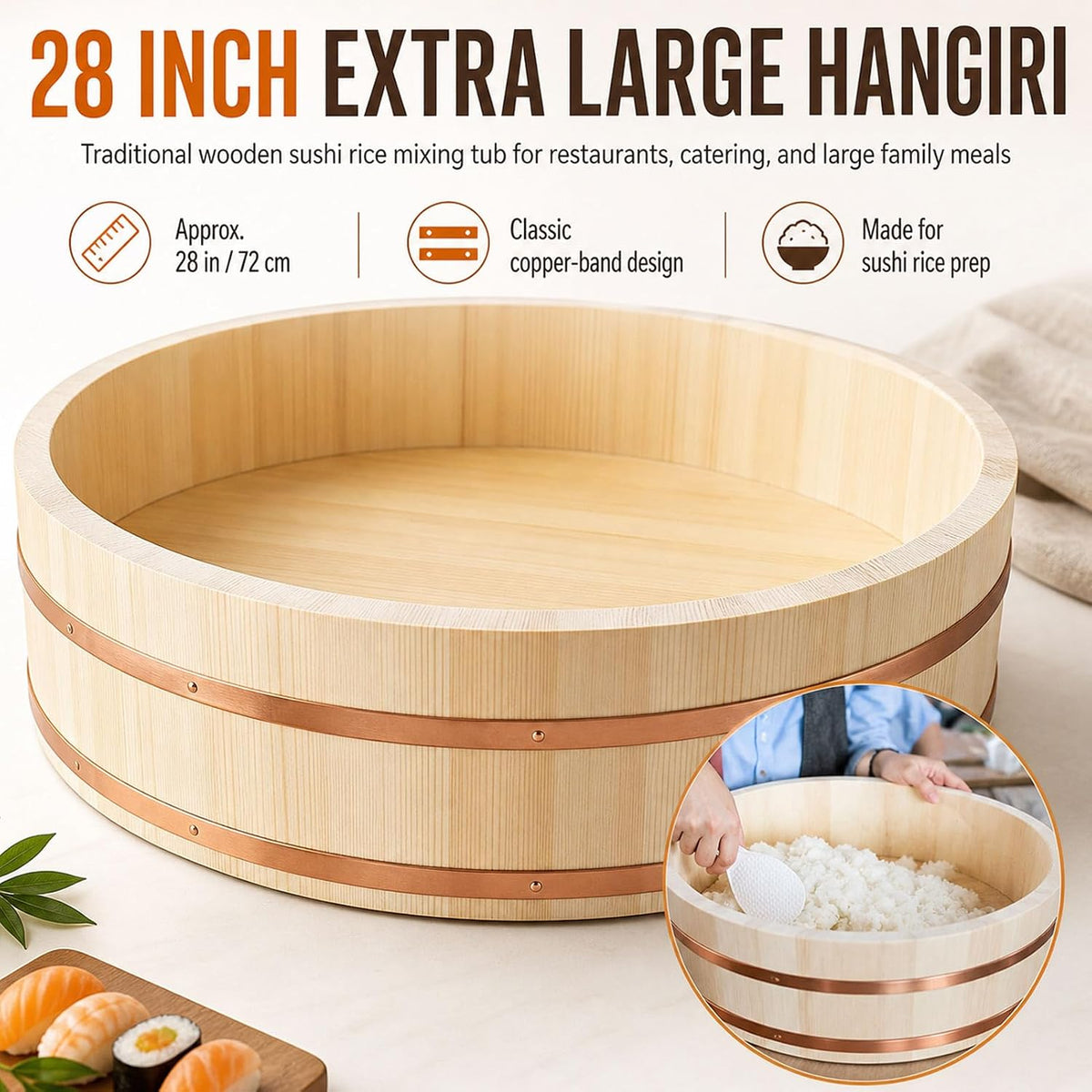 TYRHMY Cuenco grande de 28 pulgadas Hangiri Sushi Oke, bañera de ma...