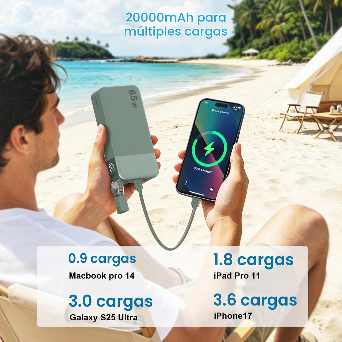 Cargador portátil NOBIS 20000mAh 65W Power Bank con cable desmontab...