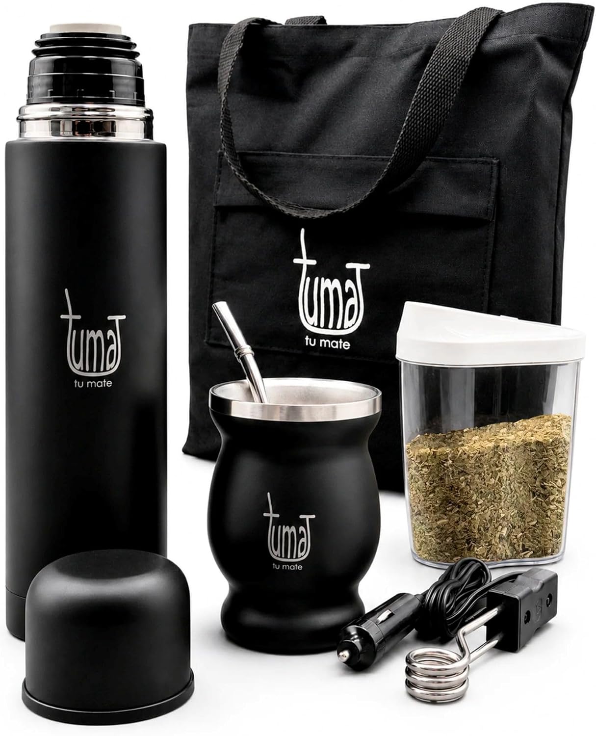 Kit completo de yerba mate, incluye taza mate, popote (Bombilla), termo de 25.4 fl oz, bolsa y dos regalos (contenedor de yerbero y calentador de inmersión para automóvil)