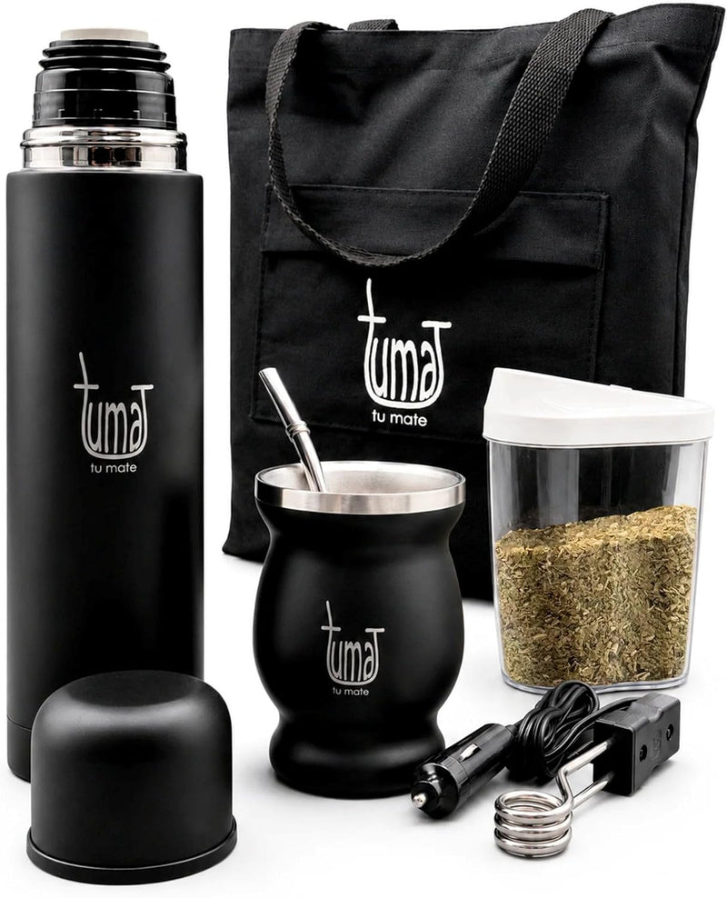 Kit completo de yerba mate, incluye taza mate, popote (Bombilla), termo de 25.4 fl oz, bolsa y dos regalos (contenedor de yerbero y calentador de inmersión para automóvil)