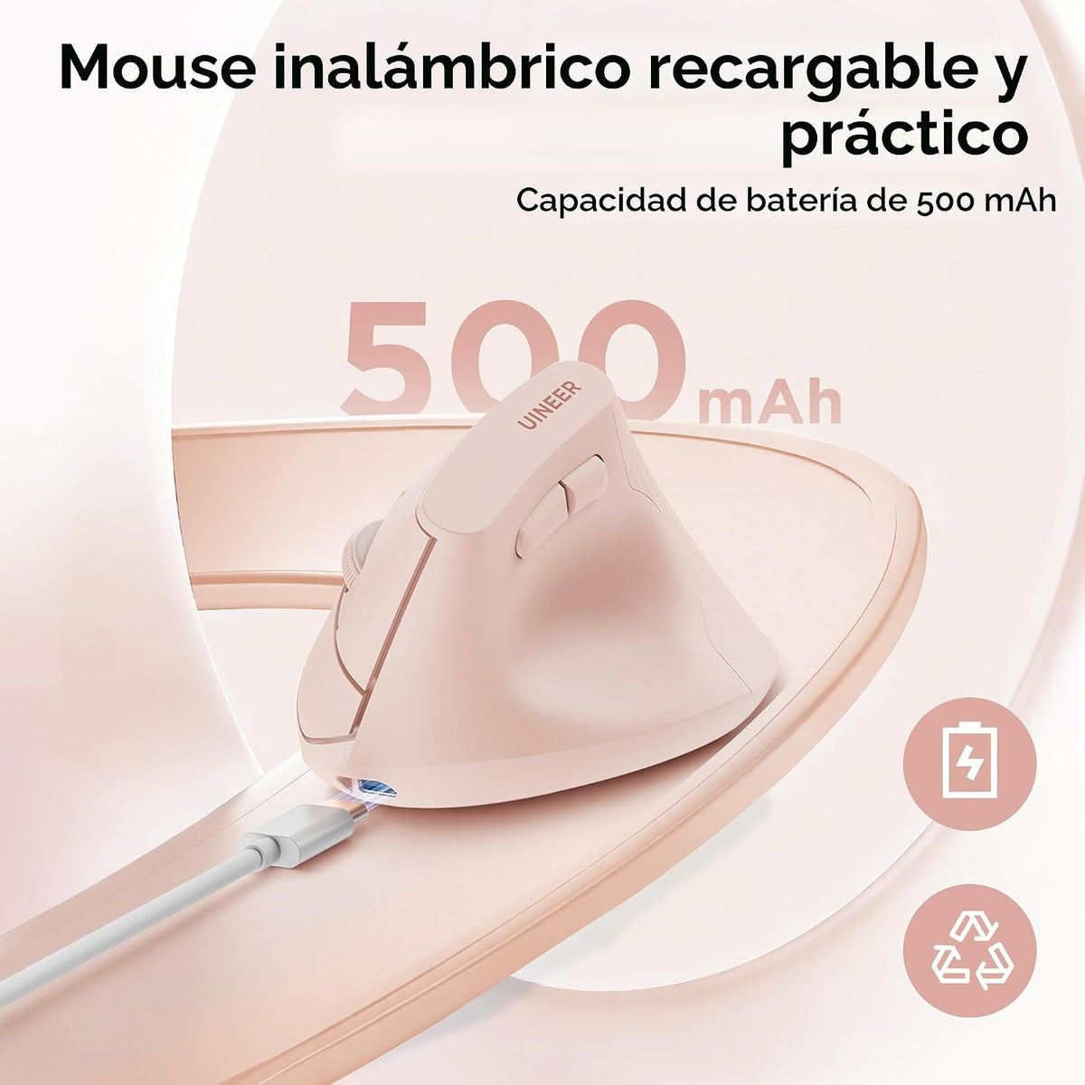 Uineer Ratón vertical ergonómico, ratón inalámbrico 2.4G, recargabl...