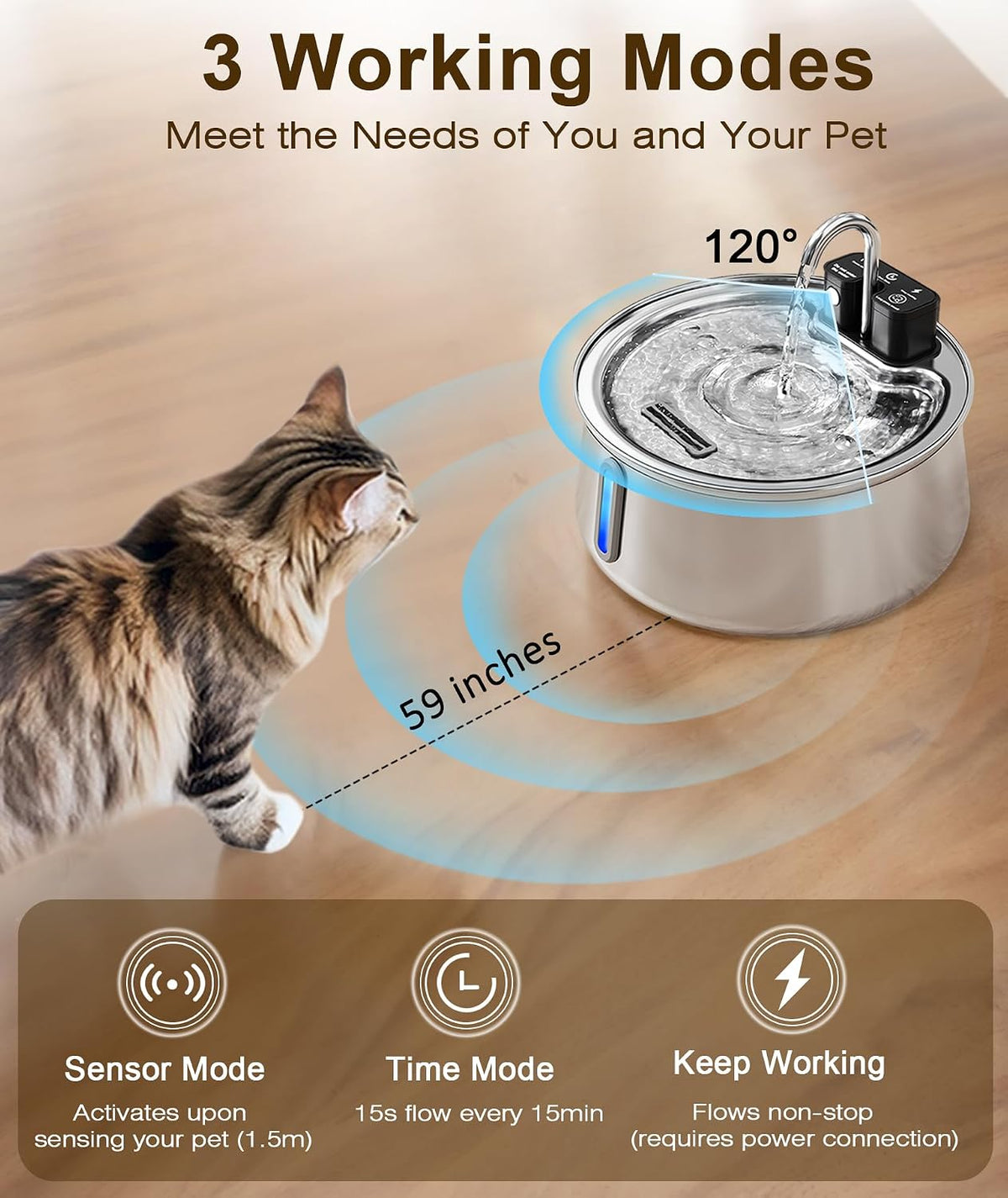CEESC Fuente de agua inalámbrica para gatos, acero inoxidable, 4L\/...
