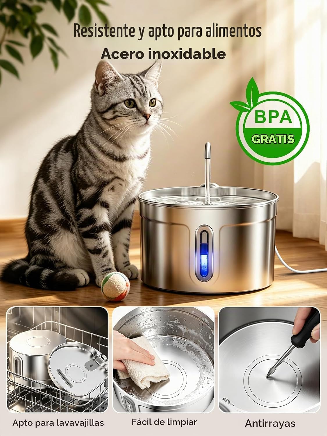 LUVMYPETT Fuente de agua para gatos de acero inoxidable - 74oz\/2.2...