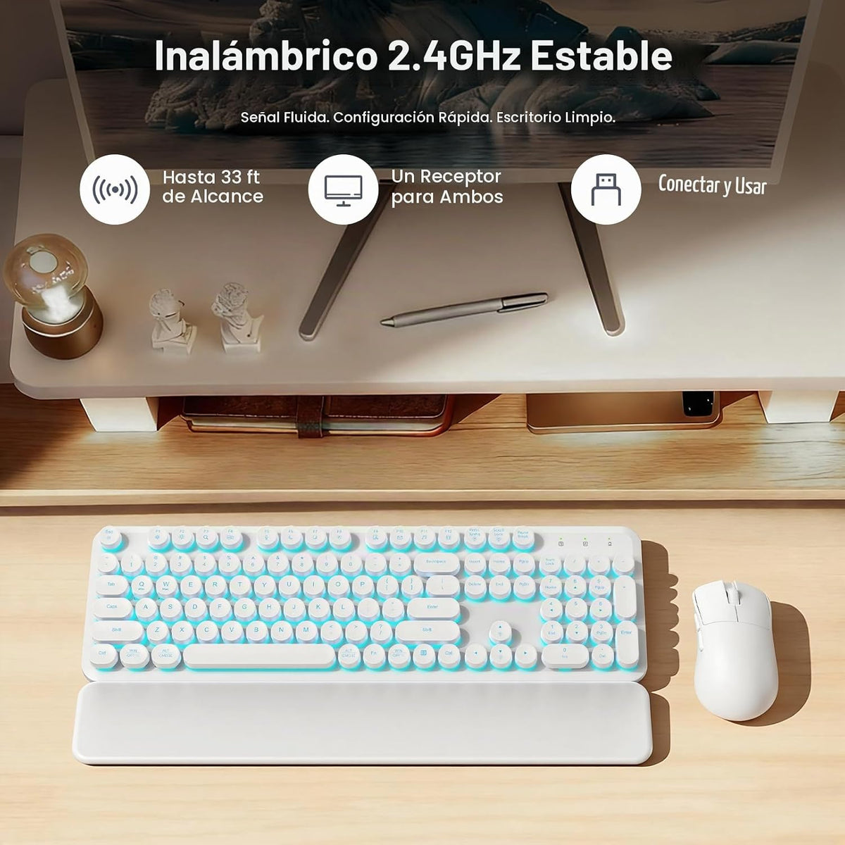 Combo de teclado y ratón inalámbricos, teclas redondas retroilumina...