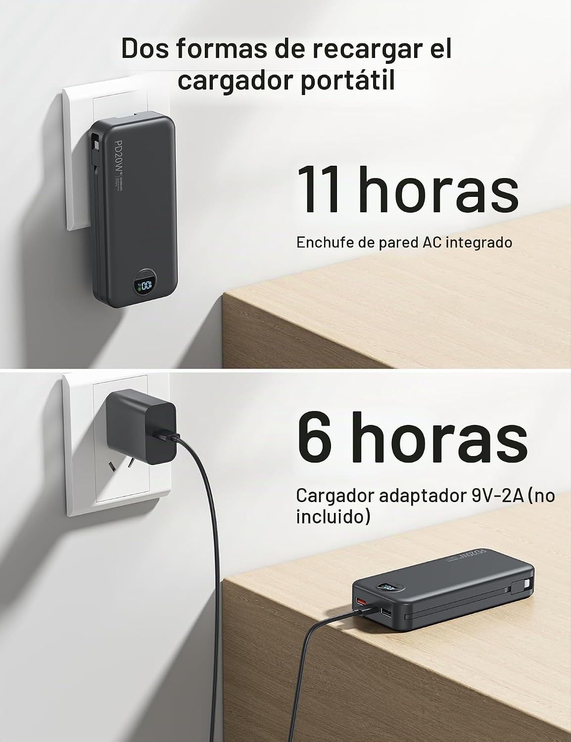 Cargador portátil Power Bank 20000mAh con cables integrados y enchu...
