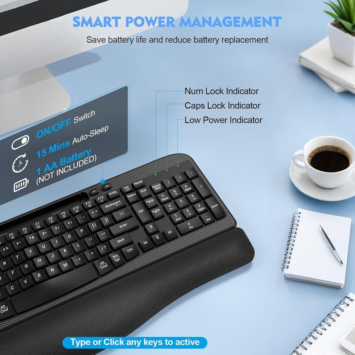 Teclado inalámbrico ergonómico con reposamuñecas acolchado, teclas...