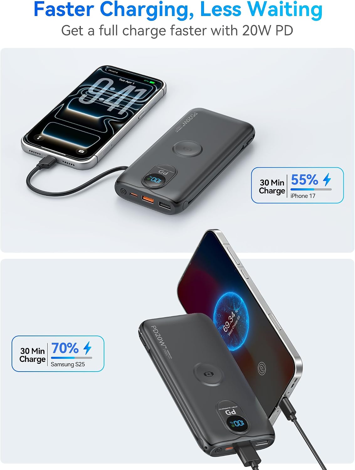 Cargador portátil Power Bank 10000mAh PD20W con cables incorporados...