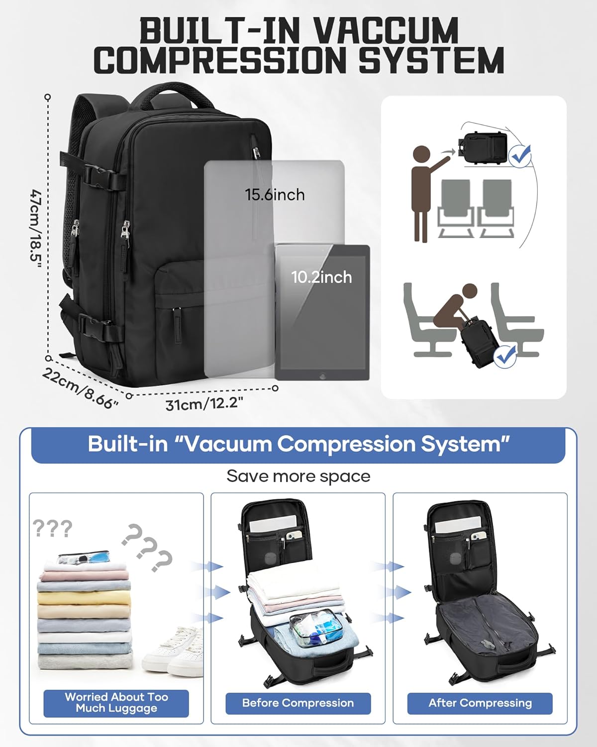 WONHOX Mochila de Viaje Grande Equipaje de Mano Aprobada para Vuelo...