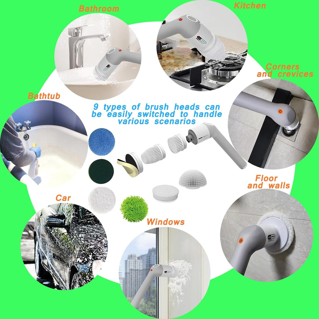 Limpiador eléctrico giratorio, cepillo limpiador de baño con cuerpo completo IPX7 impermeable, limpiador de ducha con mango largo, cepillo de limpieza eléctrica con 9 cabezales de cepillo, limpiador inalámbrico para cocina, bañera, azulejos, galss, suelo