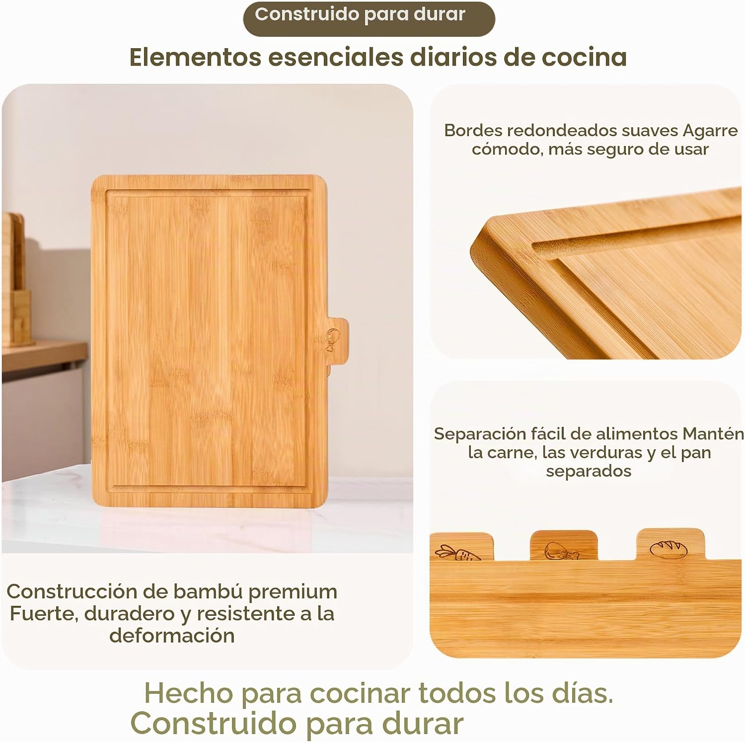Coktaseleg Juego de 3 tablas de cortar de bambú para cocina, grande...