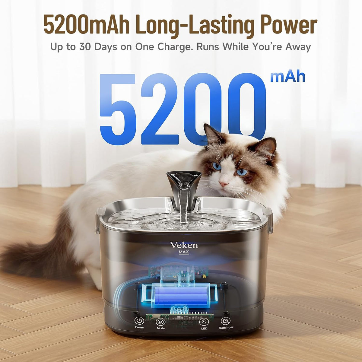 Veken Fuente de agua inalámbrica para gatos con bandeja de acero in...