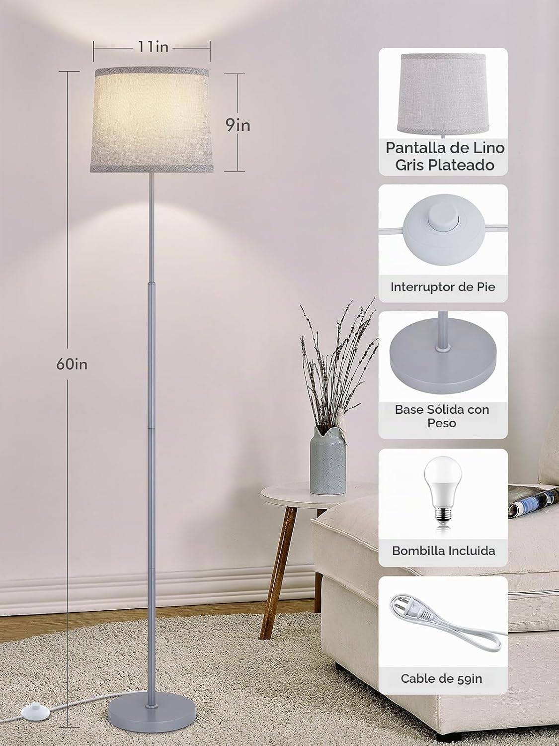 Hikczc Lámpara de pie moderna de 60 pulgadas para sala de estar, do...