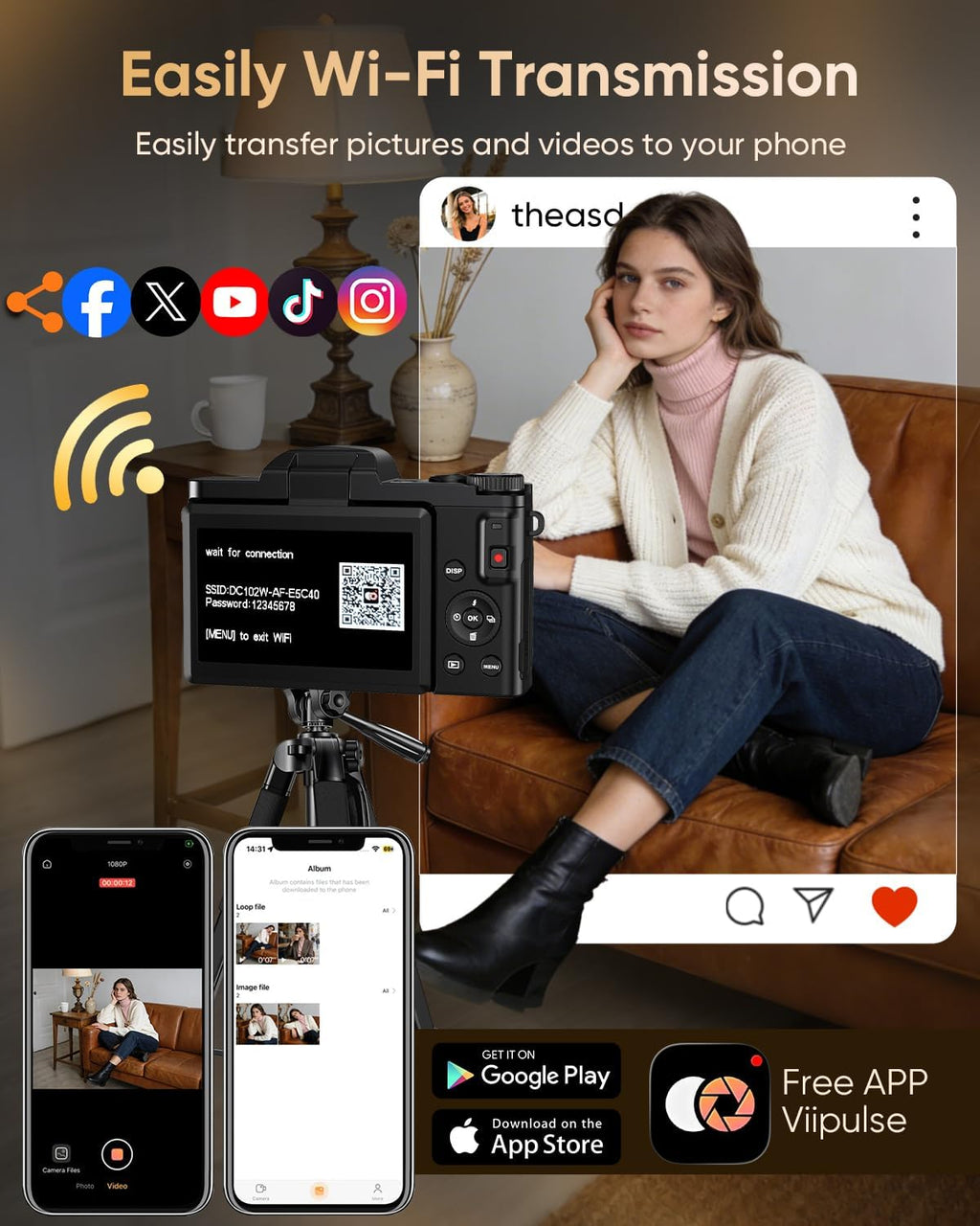 Cámara digital 4K WiFi 180° pantalla abatible enfoque automático 64...