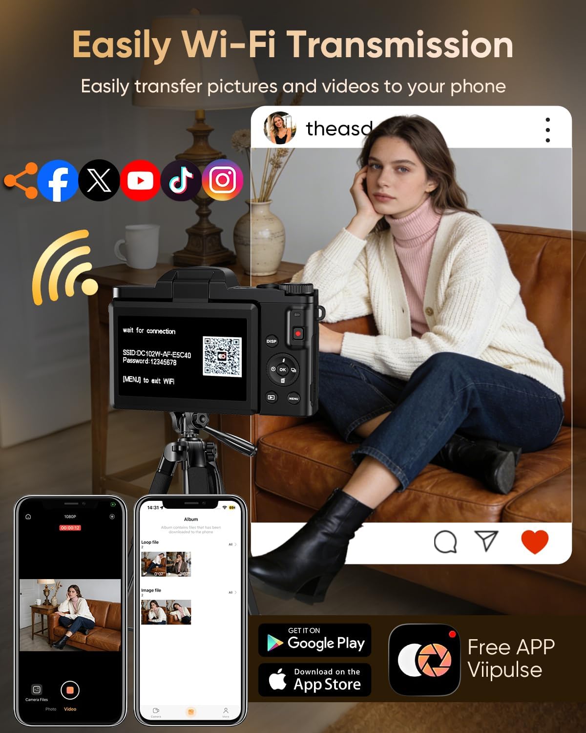 Cámara digital 4K WiFi 180° pantalla abatible enfoque automático 64...