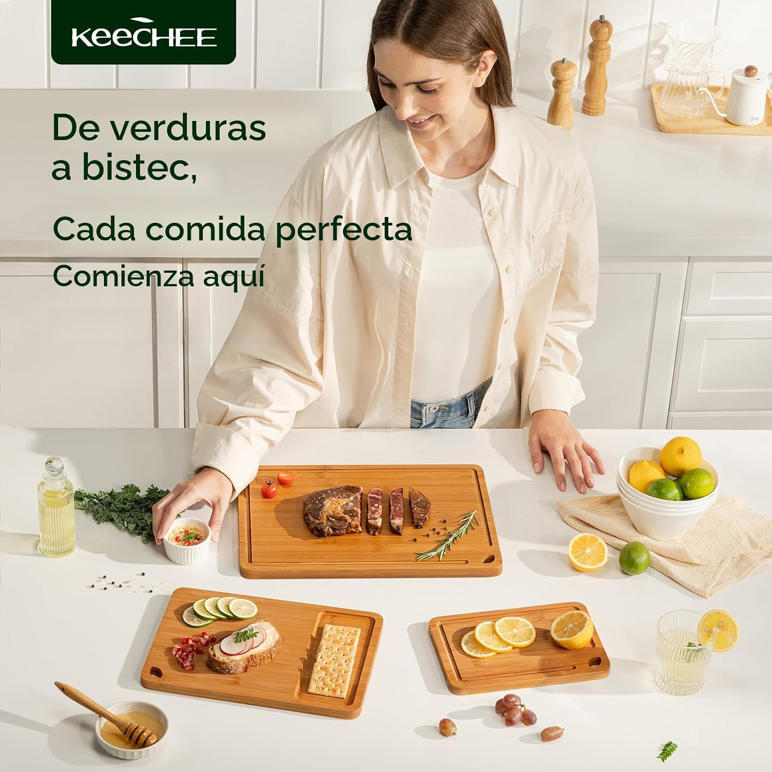 Keechee Tabla de cortar de bambú, tablas de cortar de madera durade...