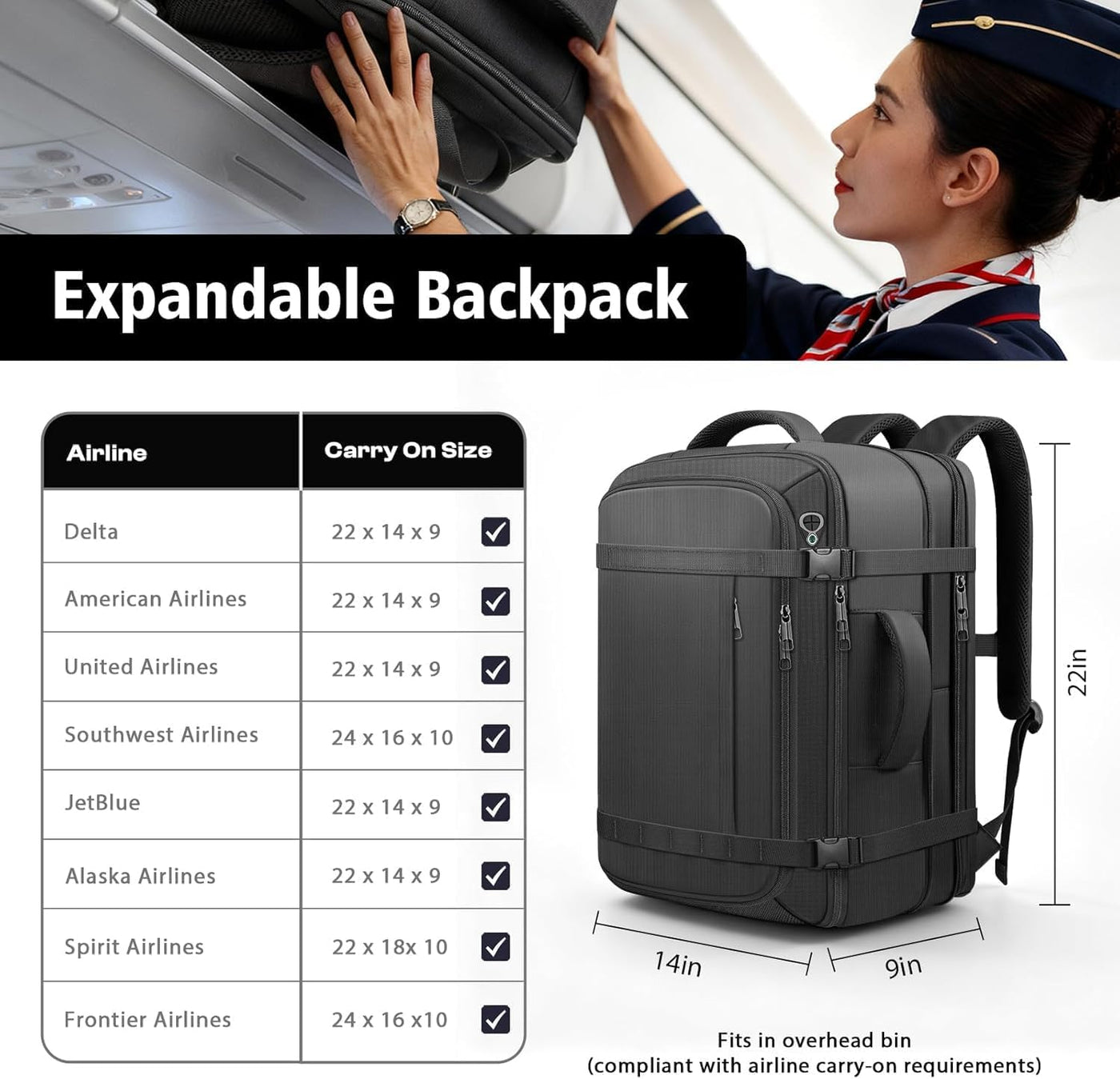 Mochila de transporte espaciosa, mochila de viaje expandible de gra...