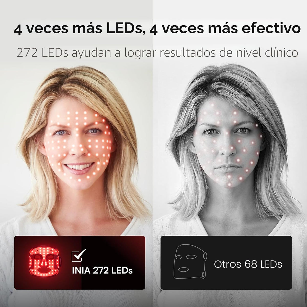 INIA Glow Máscara inalámbrica de terapia de luz roja para cara, 850...