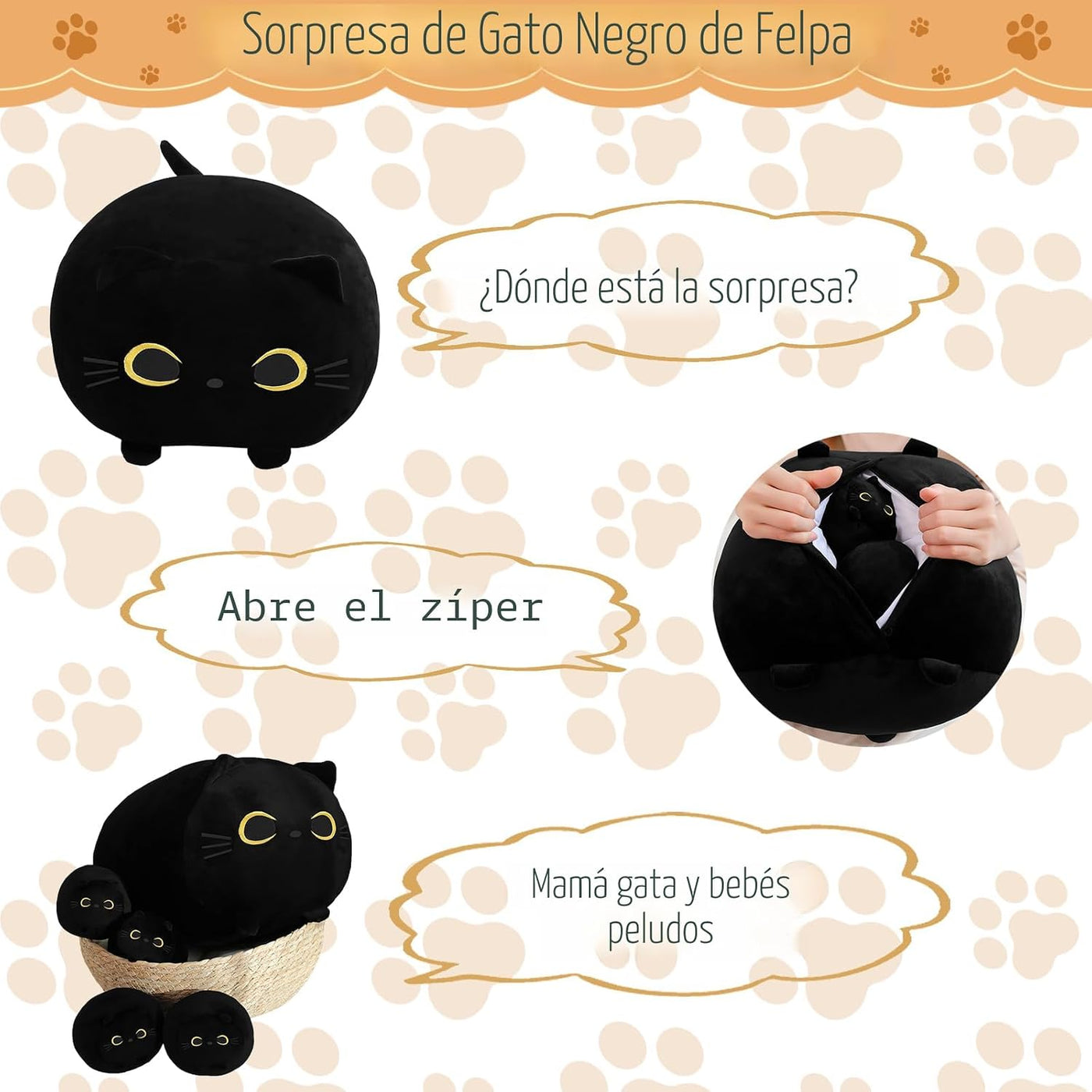 TOYSYM Gato Negro de Peluche Mamá Gato de Peluche Juguetes con 4 Be...