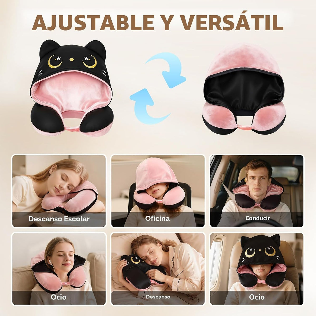 Mewaii Almohada de viaje para el cuello, almohada de avión con capu...