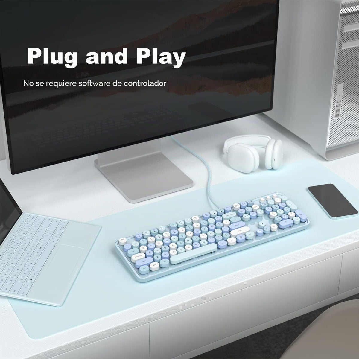 MOWUX Teclado de computadora con cable, teclado retro redondo con c...