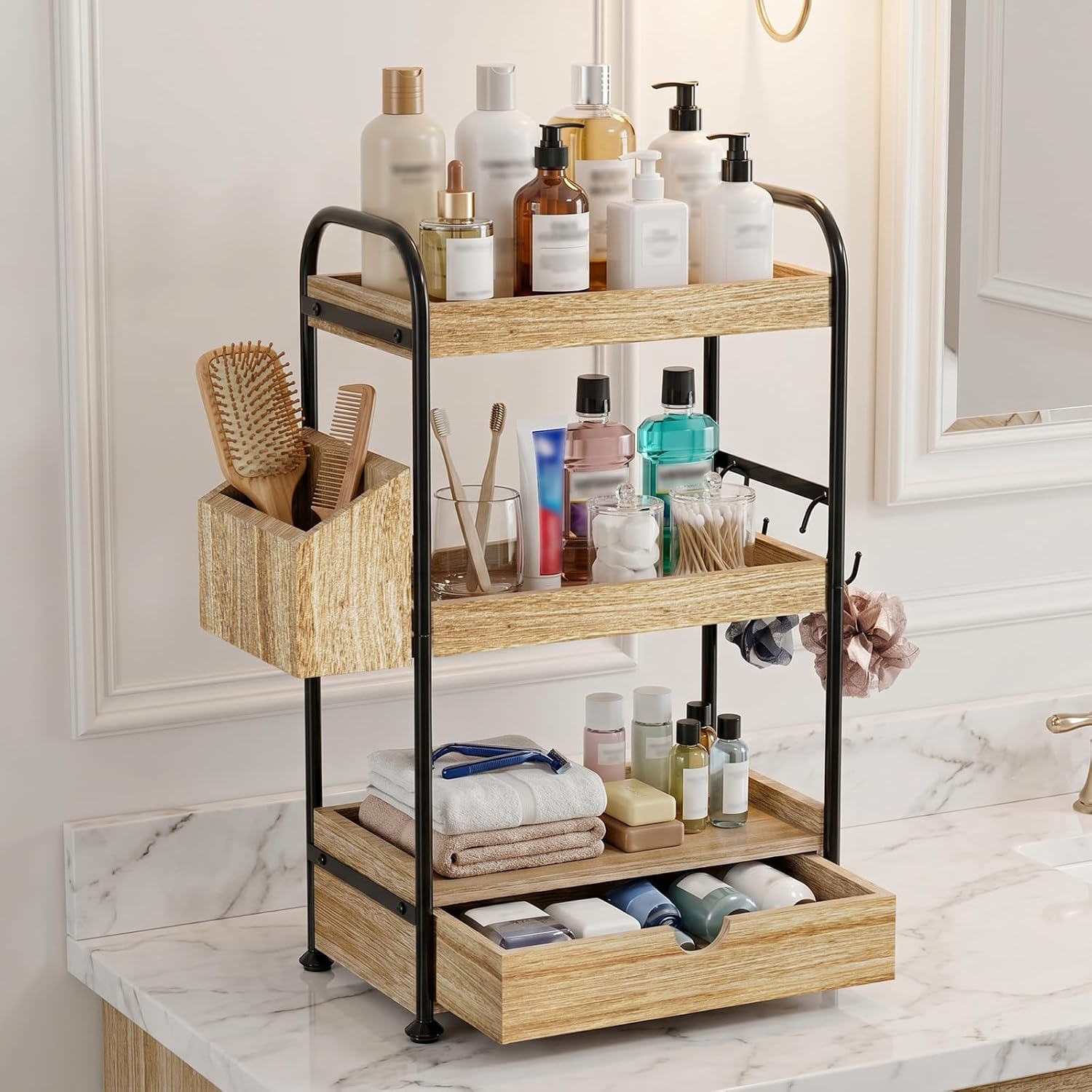 Kottwca Organizador de encimera de baño de 3 niveles con cajón, est...