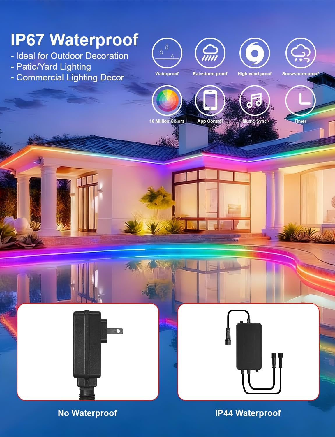 Tira de luces LED COB de 80 pies para exteriores, Smart RGB IC IP67...