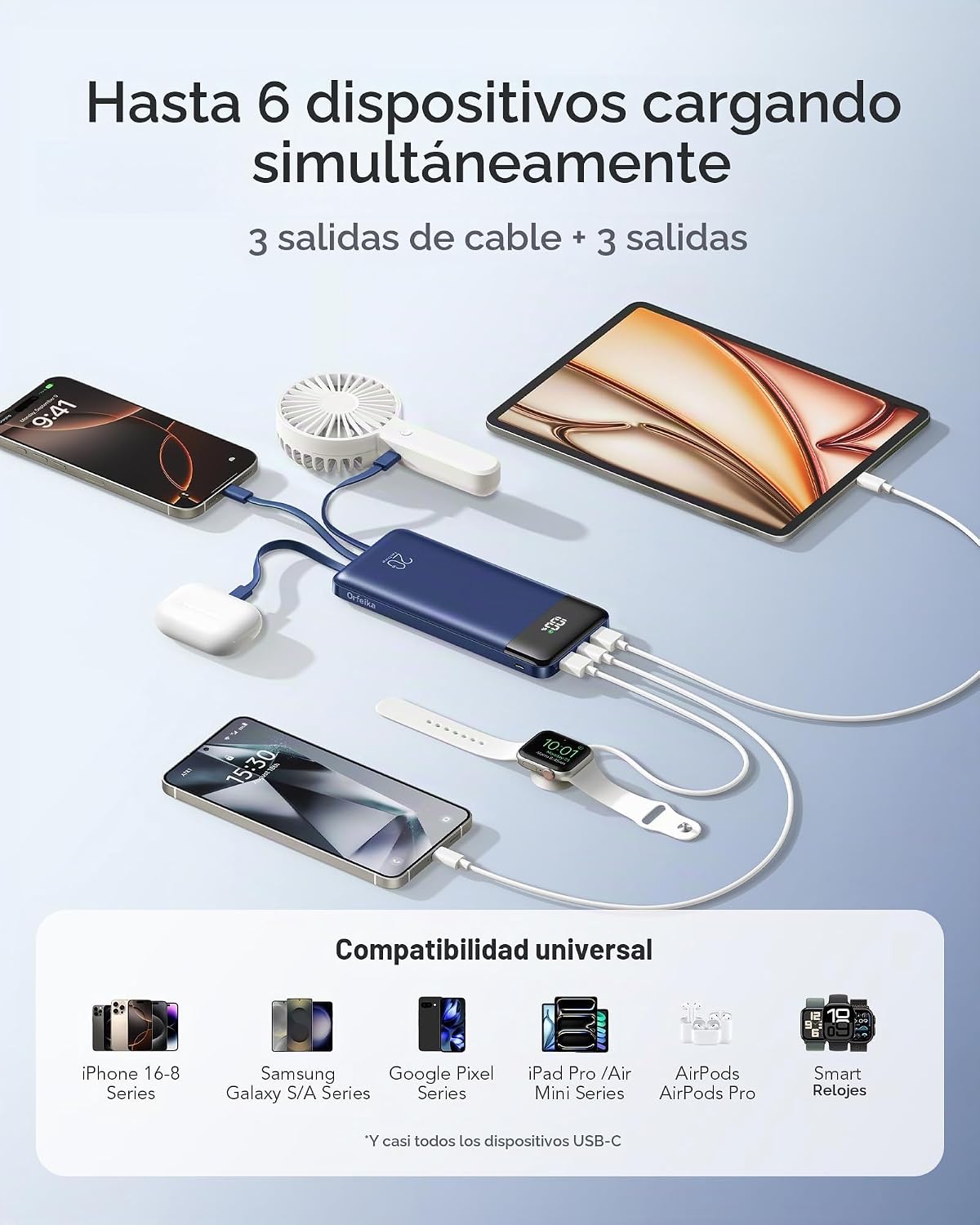 Orfeika 20000mAh Power Bank, cargador portátil con 4 cables incorpo...
