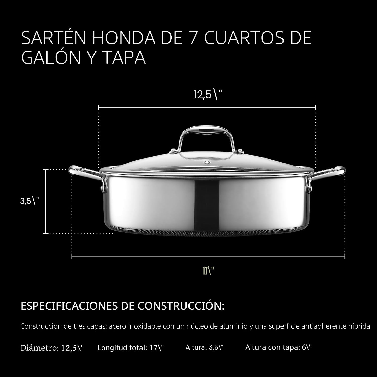 HexClad Sartén antiadherente híbrida de 7 cuartos de galón con tapa...
