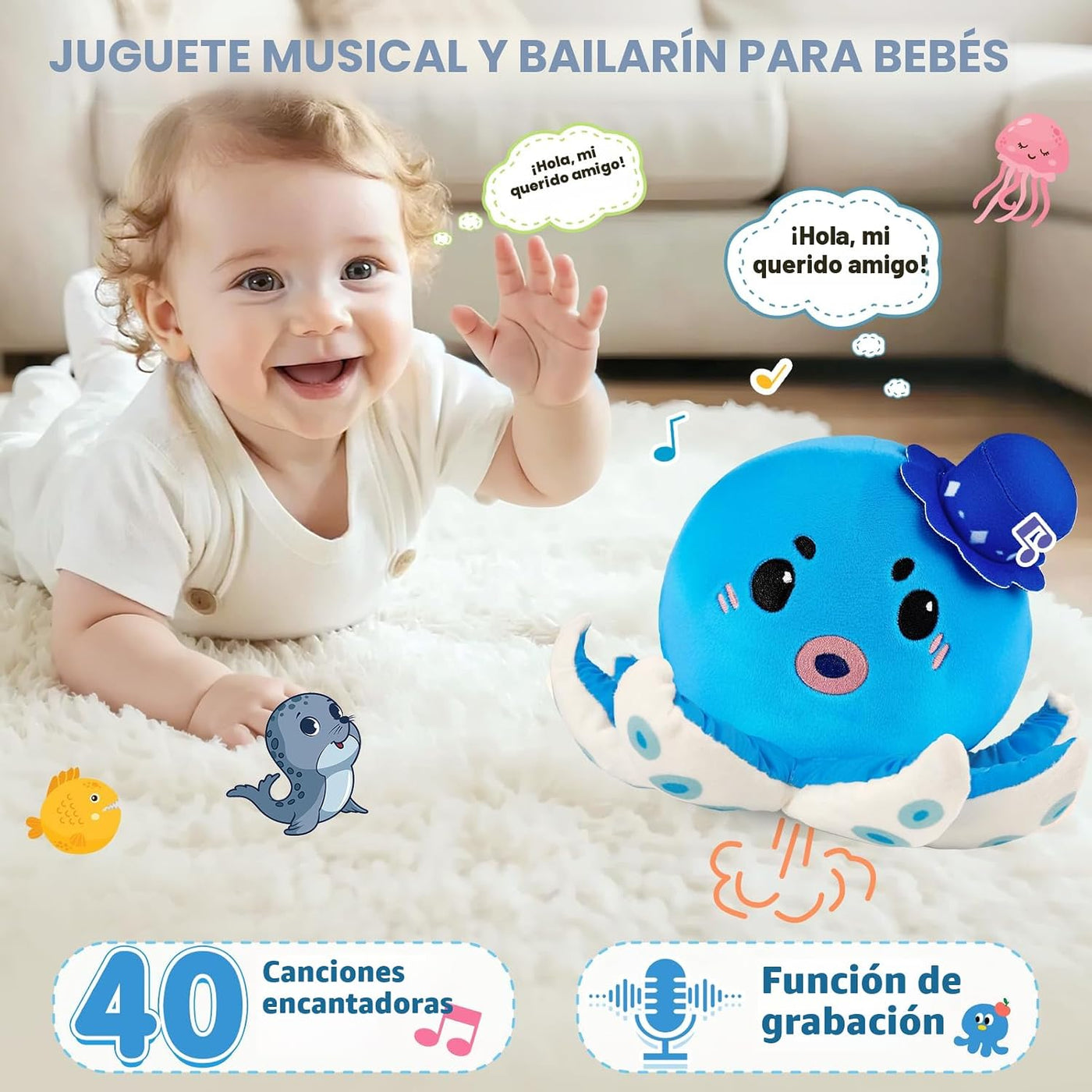SAIMAND - Juguete musical de peluche de pulpo para gatear, regalo s...