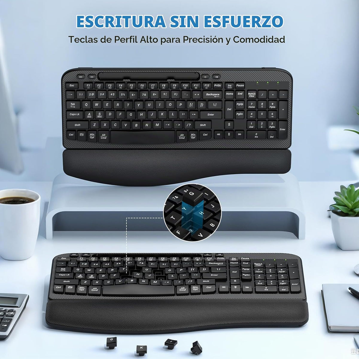 Teclado inalámbrico ergonómico con reposamuñecas acolchado, teclas...