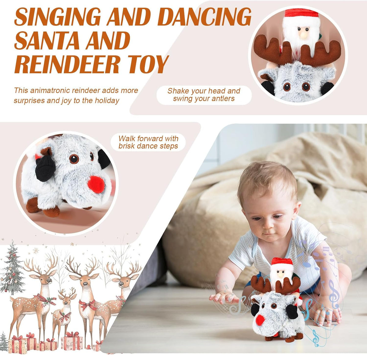 Gfilay Juguete de peluche animado de Papá Noel montando reno gris c...