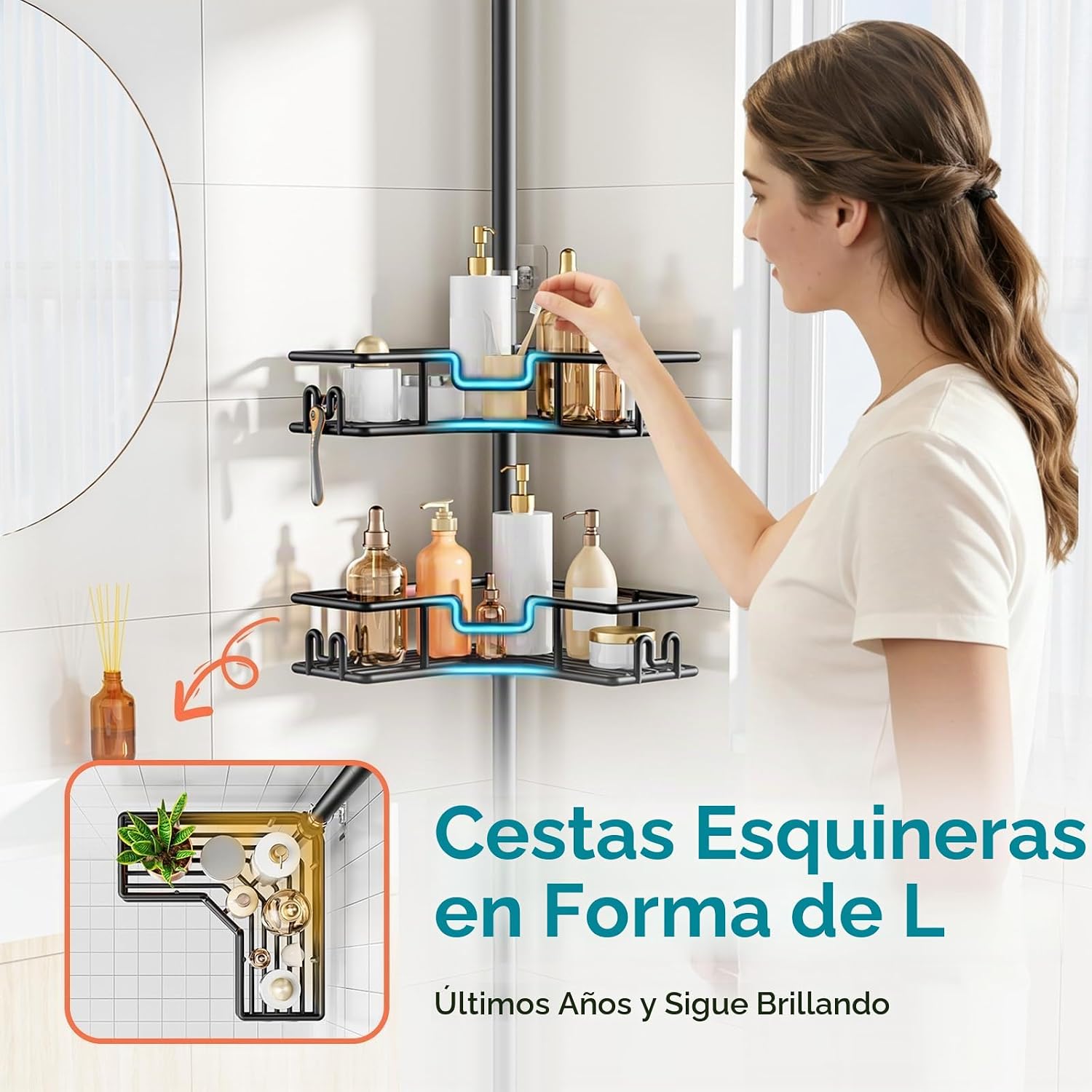 HAMITOR Poste de tensión para regadera: organizador de baño de esqu...