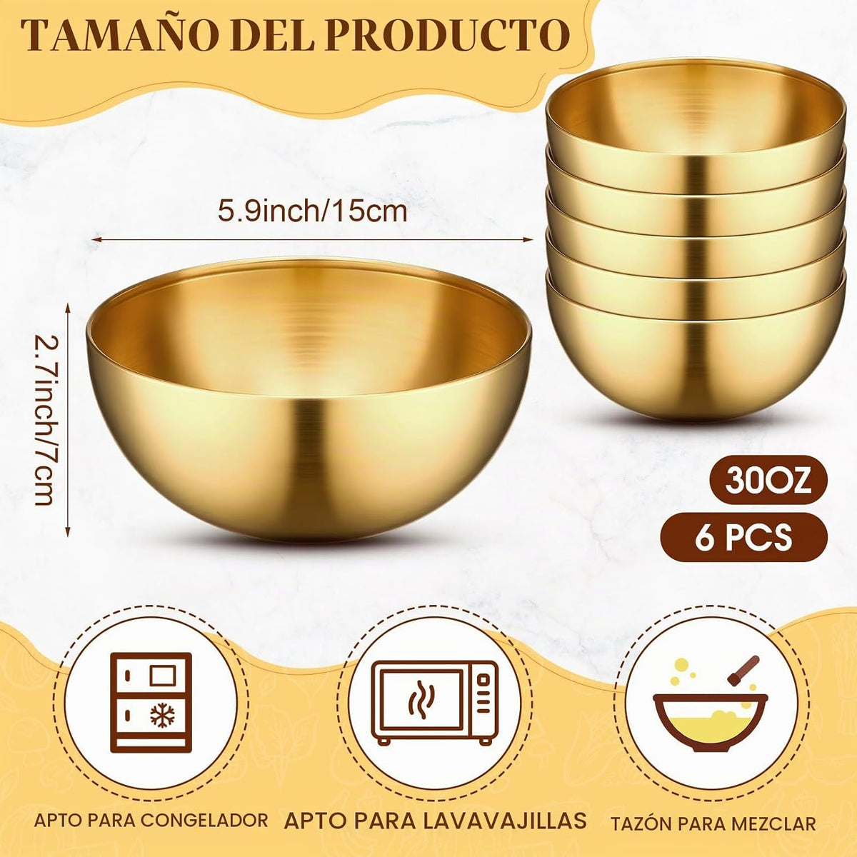 Nuogo 6 cuencos dorados para mezclar de acero inoxidable, cuencos d...
