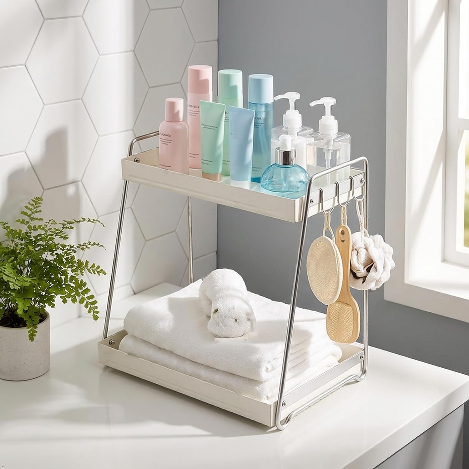 Sunkaioo Organizador de encimera de baño de 2 niveles con 3 ganchos...