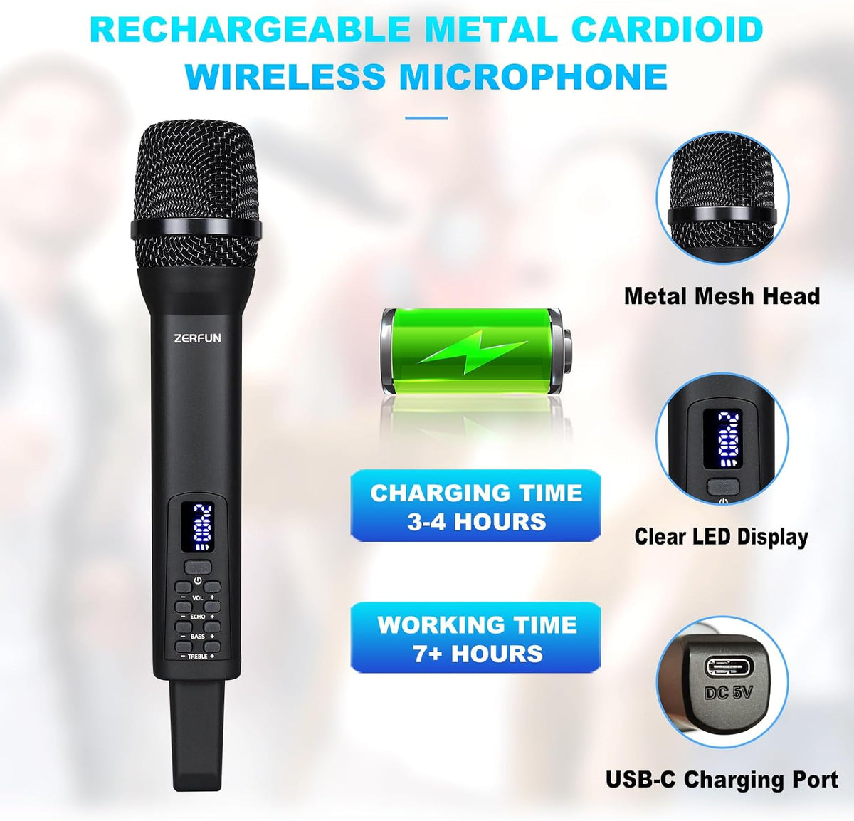 ZERFUN Micrófono inalámbrico recargable, sistema de micrófonos inal...